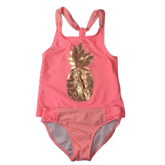 2/$15 Cat & Jack 2 PC Tankini Swimsuit Pink Gold SZ 7 Medium Racerback Pineapple - Picture 1 of 14